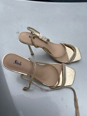 SHEIN Gold Rhinestone Strappy Square Toe Slingback Heels